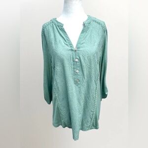 NEW Democracy Blouse Top Embroidered Green Crochet Women XL Roll Tab Sleeve Boho
